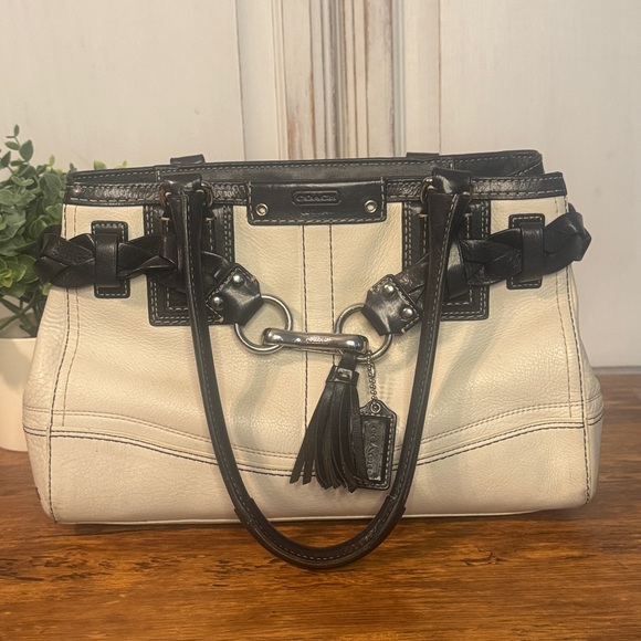 Coach Handbags - Coach Hampton White And Black Leather Carryall Braid Accent Handbag